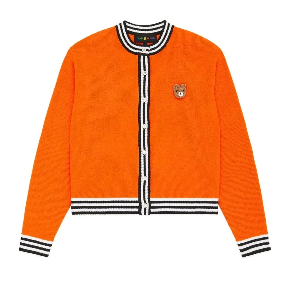 Teddy Fresh Orange Button Up Bear Cardigan with Striped Trim - Picture 1 of 6